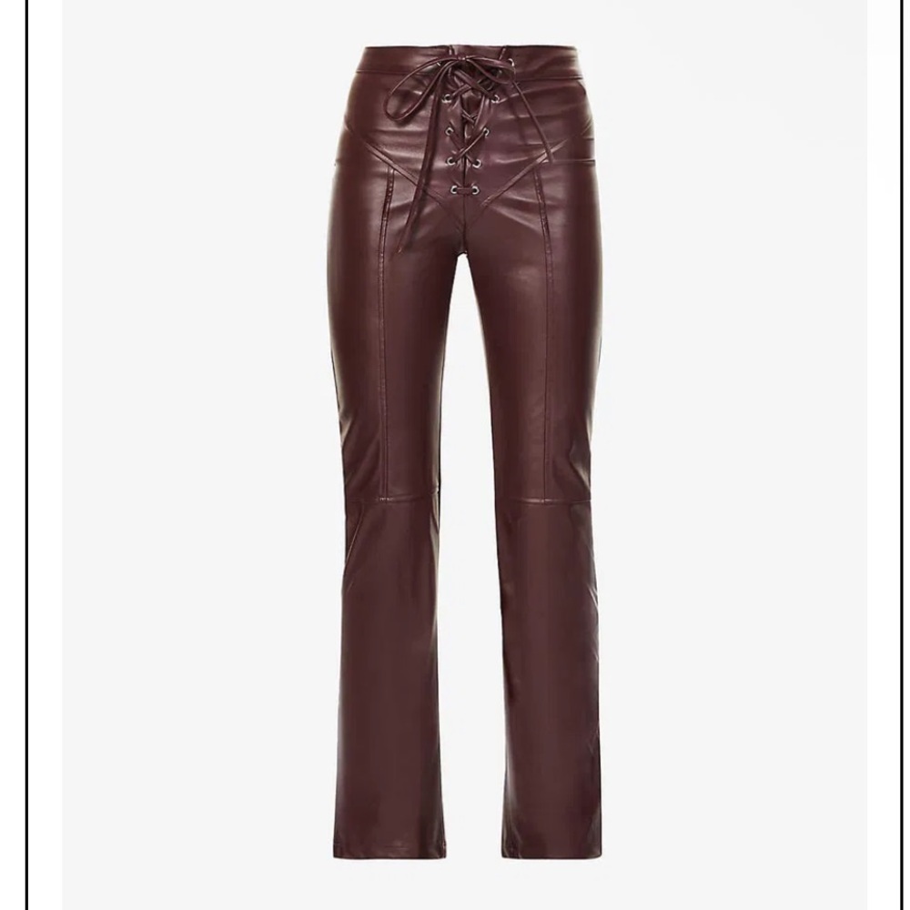EB DENIM Lace-Up Straight-Leg High-Rise Faux-Leather pants burgundy brown red L